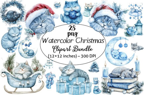 Download Watercolor Christmas Cats Clipart Bundle - Art Collection