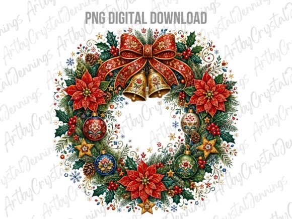 Download Folk Art Christmas Poinsettia Wreath PNG - Art Collection