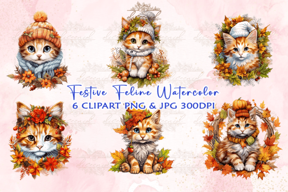 Download Festive Feline Watercolor Clipart - Art Collection