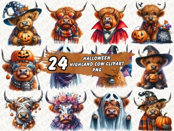 Download Funny Highland Cow Halloween Clipart Set - Art Collection