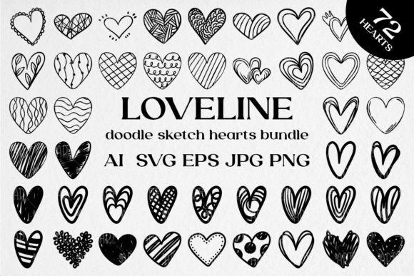 Download LOVELINE, Doodle Sketch Hearts Bundle - Art Collection