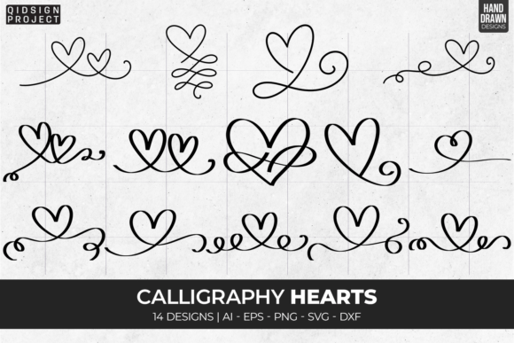 Download 14 Calligraphy Hearts, Hand Drawn Heart - Art Collection