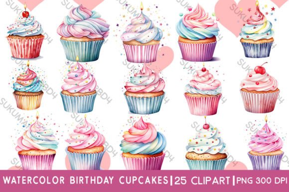 Download Watercolor Birthday Cupcakes Clipart - Art Collection